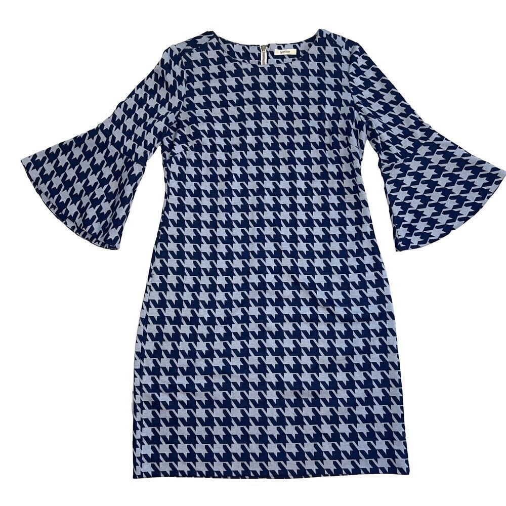 Tyler Boe Ponte Knit Bell Sleeve Blue Houndstooth Check Shift Dress Size S